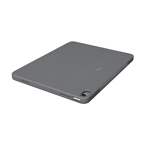 Graue Tablet-Hülle mit Logitech-Logo und Kamera.