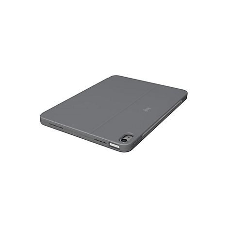 Graue Tablet-Hülle mit Logitech-Logo. Auf weißem Hintergrund.