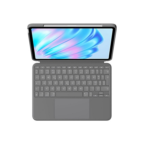 Graues Tablet mit Tastatur. Der Bildschirm zeigt blaue und rosafarbene Wellen. Die Tastatur hat ein Touchpad.