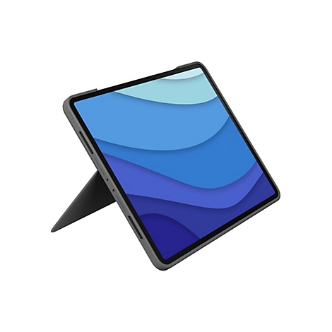 Ein Tablet in einer grauen HÃ¼lle, die als StÃ¤nder dient, mit blauem Wellenmuster auf dem Bildschirm.