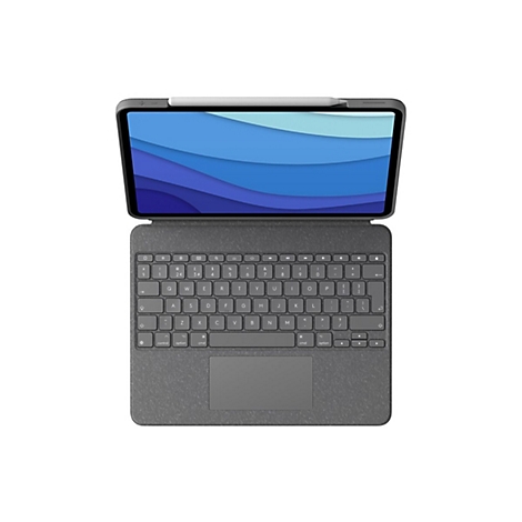 Draufsicht auf ein graues Tablet mit angeschlossener Tastatur und digitalem Stift. Der Bildschirm zeigt blaue Wellen.