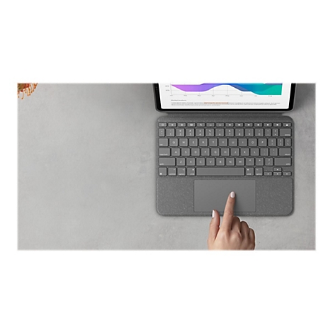 Graues Tablet mit Tastatur, Touchpad und Diagramm. Eine Hand berÃ¼hrt das Touchpad.