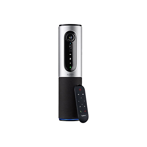 Videokonferenz-System mit Fernbedienung. Das System ist zylindrisch mit silbernem Oberteil und schwarzem Unterteil. Die Fernbedienung liegt daneben.