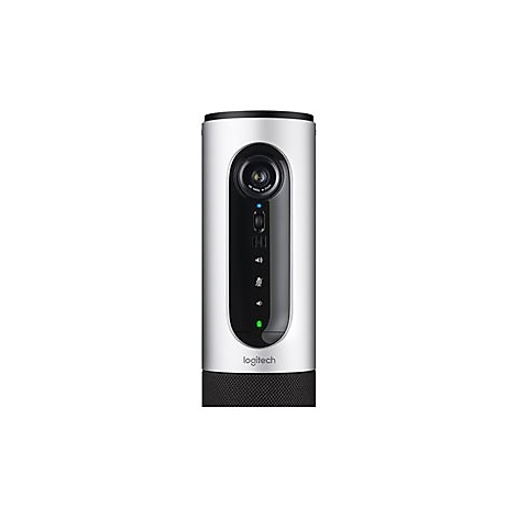 Silberne Logitech-Webcam mit schwarzem Fokusbereich und grÃ¼nen und blauen LED-Anzeigen. Aufschrift: Logitech.