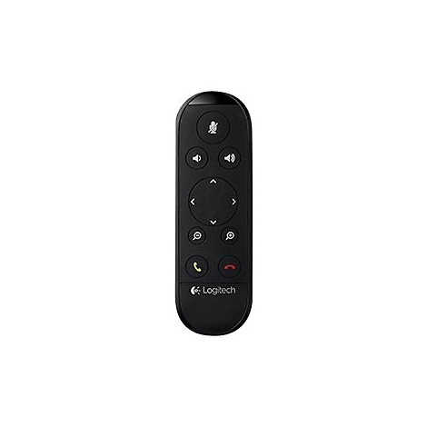 Télécommande noire Logitech avec icônes de microphone, de volume, de direction, de recherche et de téléphone. Logo Logitech.