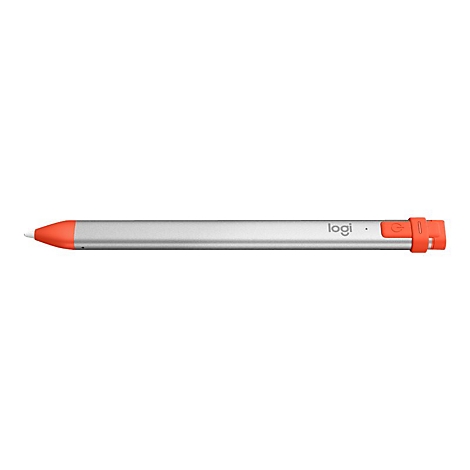 Grauer, silberner Logitech-Stift mit orangefarbenen Akzenten. Der Stift ist auf weißem Hintergrund abgebildet.