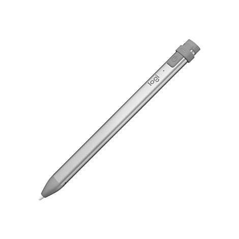 Grauer Stylus-Stift mit Logo und Ein/Aus-Schalter.