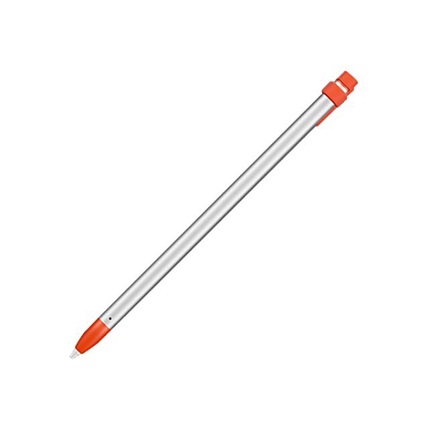 Ein silberner Stylus-Stift mit orangefarbenen Akzenten. Der Stift liegt diagonal vor weißem Hintergrund.