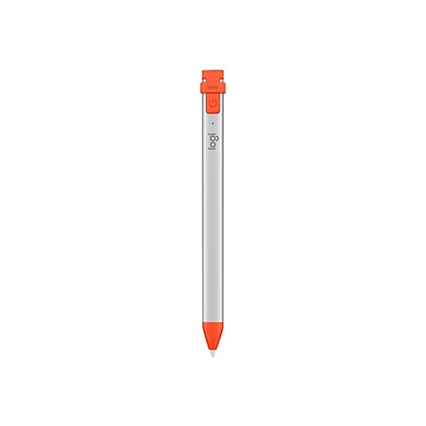 Grauer, oranger Stylus-Stift für Tablets vor weißem Hintergrund. Oben ein Knopf mit Ein/Aus-Symbol. Unten Spitze.