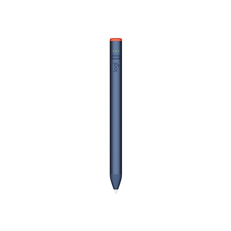 Blauer Stift mit orangefarbener Spitze, Logo „logi“ auf dem Schaft, grüne Lichter.