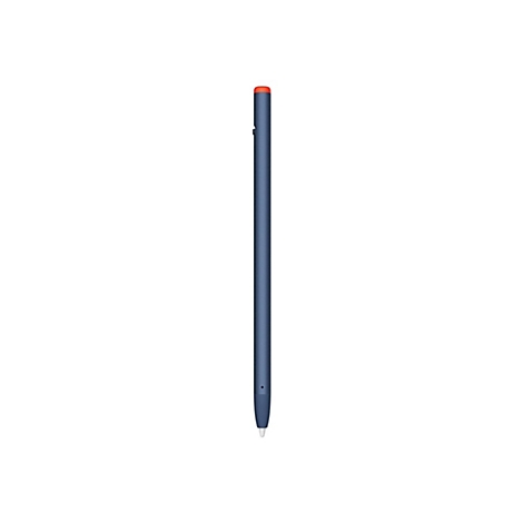 Ein dunkelblauer Stylus mit orangefarbener Spitze, der auf weißem Hintergrund abgebildet ist.