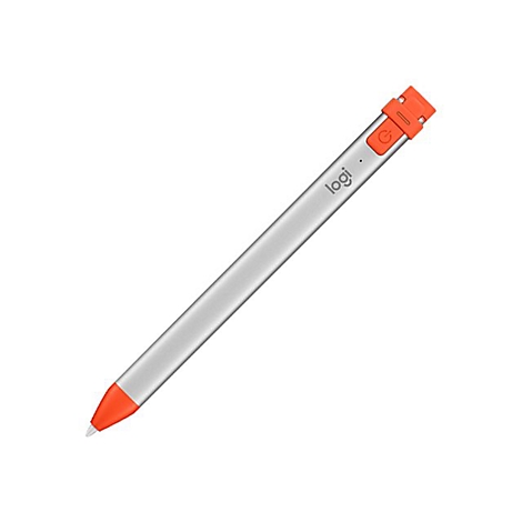 Stylet gris et orange avec le logo logi sur fond blanc.