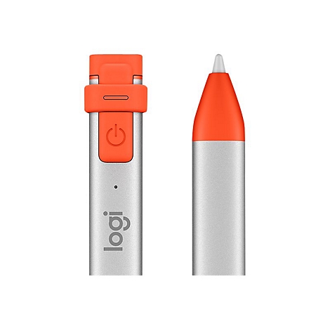 Deux stylos argentÃ©s avec des accents orange. A gauche avec bouton d'alimentation, Ã  droite avec pointe.