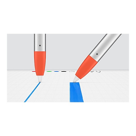 Deux stylos dessinent sur une feuille de papier blanche un trait bleu et un rectangle bleu. Fond gris clair.