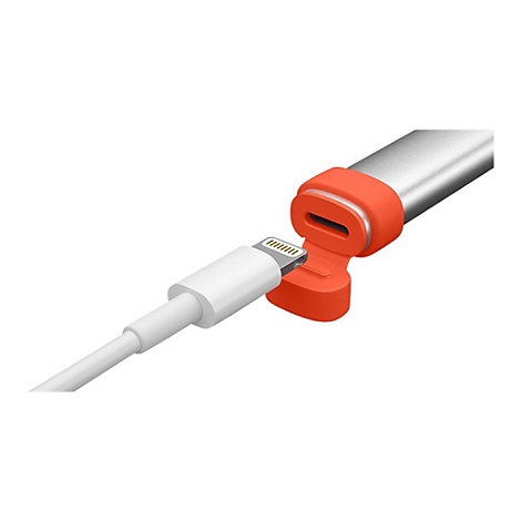 CÃ¢ble Lightning blanc connectÃ© Ã  un adaptateur orange fixÃ© Ã  un stylo argentÃ©.