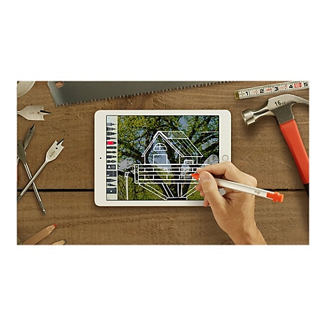 Tablette avec plan de construction entourÃ©e d'outils, main dessinant avec un stylo.