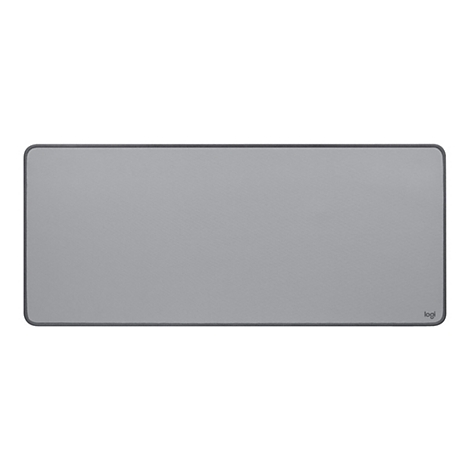 Grand tapis de souris rectangulaire gris avec des coins arrondis. Bordure noire. Logo 'logi' en bas à droite.