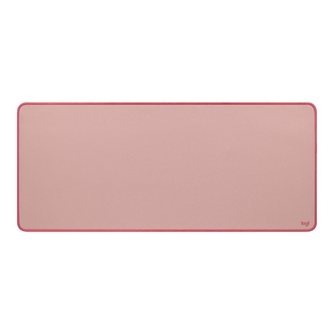 Tapis de souris rectangulaire rose avec bordure rouge. Logo en bas à droite.