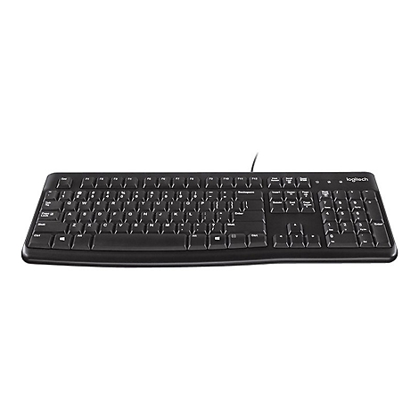 Clavier d'ordinateur noir sur fond blanc. Inscription Logitech.