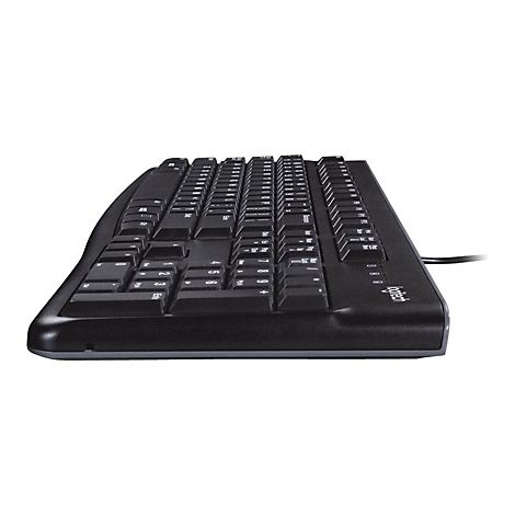 Clavier d'ordinateur noir avec coins arrondis et cÃ¢ble, vue dÃ©taillÃ©e sur fond blanc.