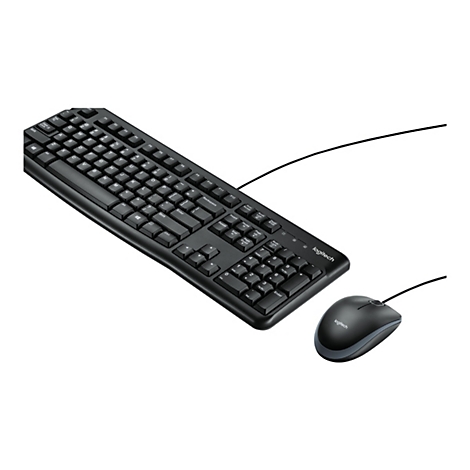Clavier et souris noirs sur fond blanc. Le clavier est connectÃ©.