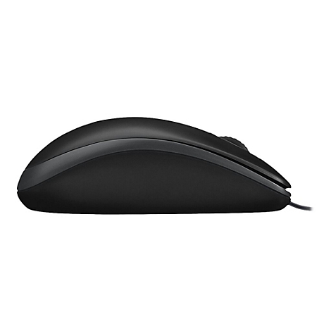 Souris d'ordinateur noire, vue latÃ©rale. Souris avec cÃ¢ble, molette et deux boutons de souris.