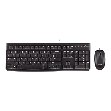 Ensemble clavier et souris Logitech noirs filaires, sur fond blanc.