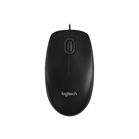 Souris d'ordinateur noire avec cÃ¢ble et logo Logitech.