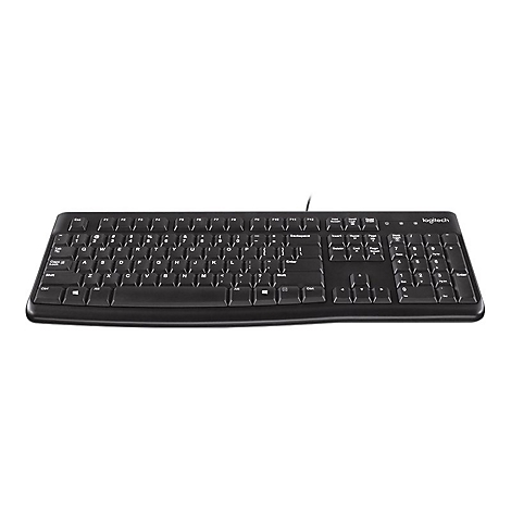Clavier Logitech noir sur fond blanc. Les lettres et les symboles sont reprÃ©sentÃ©s en blanc sur les touches.