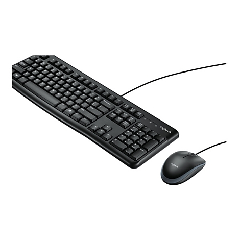 Clavier et souris noirs Logitech. Clavier connectÃ© par cÃ¢ble, souris Ã  cÃ´tÃ©.