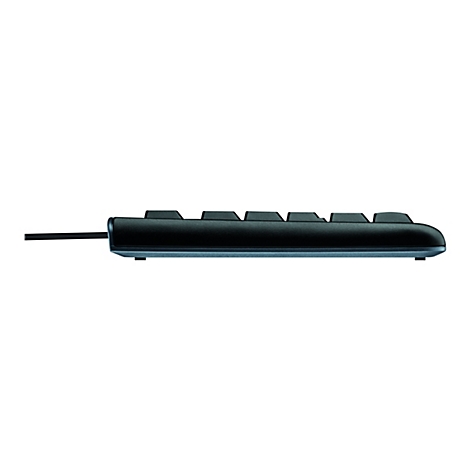 Vue latÃ©rale d'un clavier noir avec cÃ¢ble.