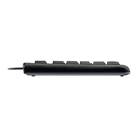 Vue latÃ©rale d'un clavier noir, connexion du cÃ¢ble Ã  gauche.