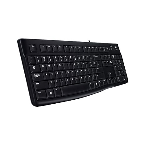 Schwarze Logitech-Tastatur mit weiÃŸen Buchstaben, seitliche Ansicht. Auf der Tastatur befinden sich Tasten wie Esc, Strg, Shift, Enter und Nummern.