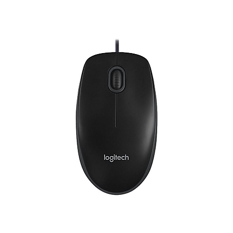 Schwarze Logitech-Maus, Kabel oben. Inklusive Logo. Mausrad und zwei Tasten erkennbar.
