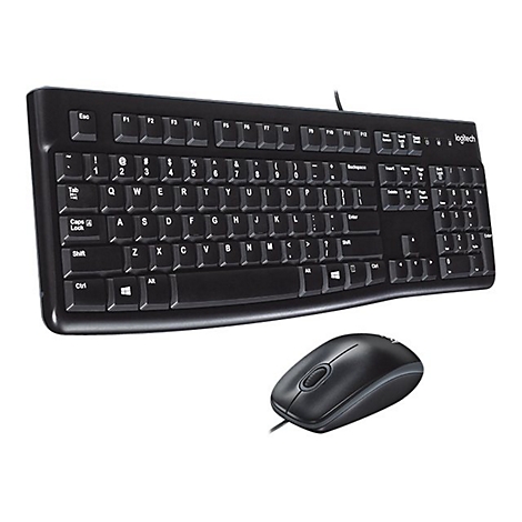 Schwarze Logitech-Tastatur mit zugehöriger Maus. Buchstaben und Zahlen sind deutlich erkennbar. Das Set ist auf weißem Hintergrund abgebildet.