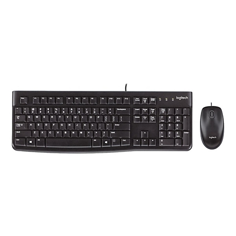 Schwarzes kabelgebundenes Logitech Tastatur-Maus-Set vor weißem Hintergrund.