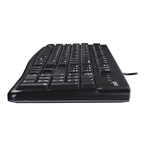 Schwarze Tastatur mit abgerundeten Kanten. Auf den Tasten sind weiße Buchstaben und Zahlen zu sehen. Ein Kabel ist am rechten Rand angeschlossen.