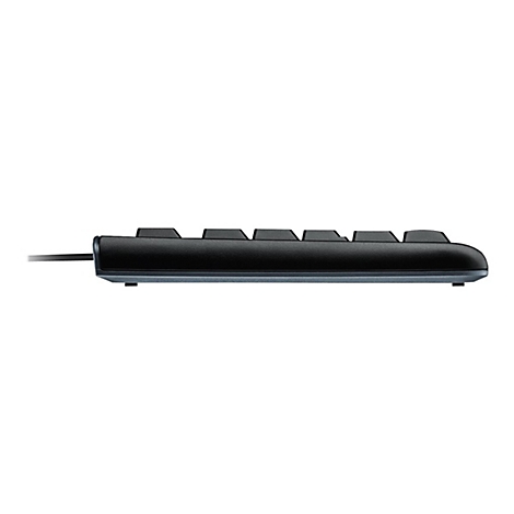 Schwarze Computertastatur, Seitenansicht. Tasten, Gehäuse und Kabel sind zu sehen.
