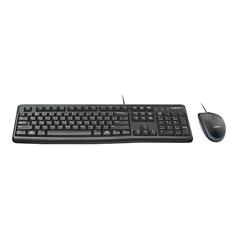 Schwarze Logitech-Tastatur und Maus auf weißem Hintergrund. Die Tastatur hat eine Standardaufteilung, die Maus ist rechts.