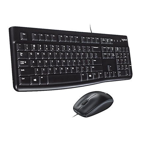 Schwarzes kabelgebundenes Logitech Tastatur-Maus-Set vor weißem Hintergrund.