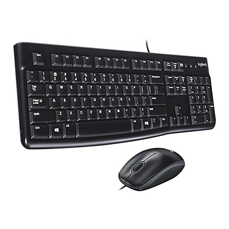 Schwarze Tastatur und Maus. Die Tastatur hat die Marke Logitech. Das Mausrad und die Tasten sind deutlich sichtbar.