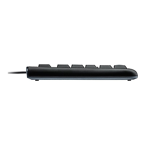 Seitenansicht einer schwarzen Tastatur mit Kabel, einige Tasten sind sichtbar.