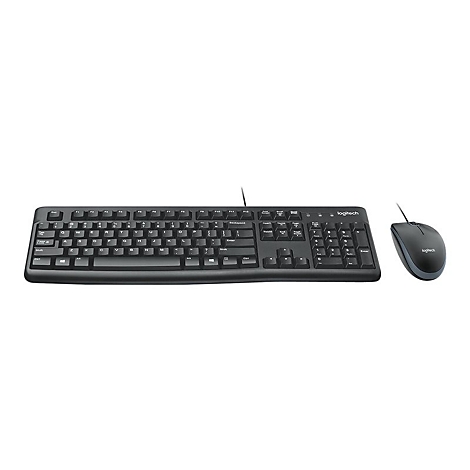 Schwarze Logitech-Tastatur und -Maus auf weiÃŸem Hintergrund.