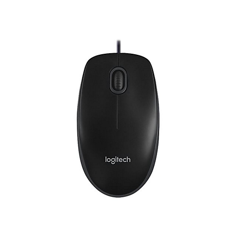 Schwarze Logitech-Maus, Kabelgebunden, mit Scrollrad.