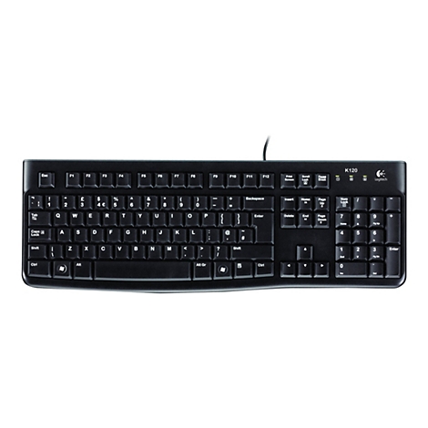 Schwarze Logitech K120 Tastatur mit weißen Beschriftungen, isoliert auf weißem Hintergrund.
