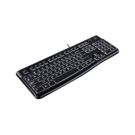 Schwarze Computertastatur, Kabel, hellem Hintergrund.