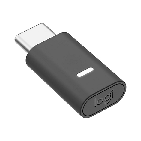 Grauer USB-C-Adapter mit Logi-Logo, weißem Licht und glänzendem Metall.