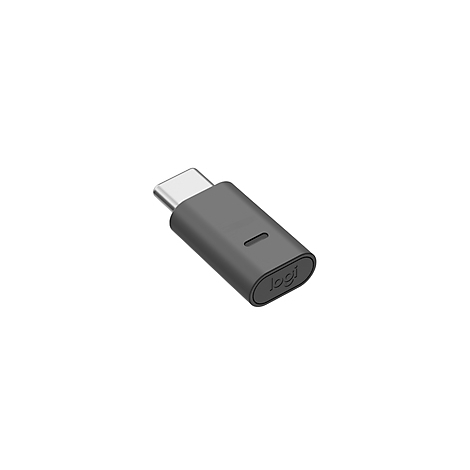 Dunkelgrauer USB-C-Adapter mit Logo, schräg von oben.