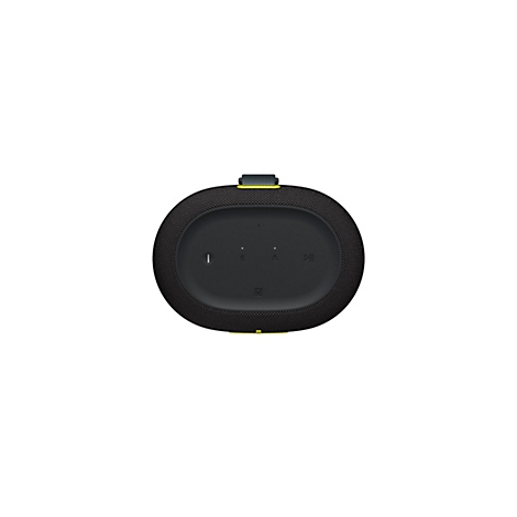Vue de dessus d'une enceinte noire et ovale. Accents jaunes. Commandes.