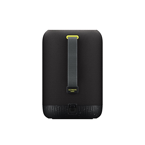Haut-parleur noir avec une sangle de transport. Le haut-parleur a un motif grossier, une boucle jaune et l'inscription "ULTIMATE EARS".